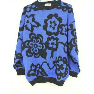 Vintage Jolie Floral Knit Sweater Blue Black Lurex Metallic Made in USA Womens